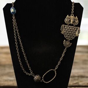 Vintage Gold Owl Pendant Chain Necklace with Large Bead Accents